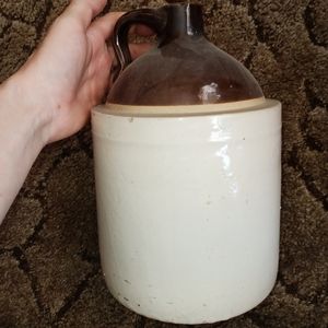 Vintage Antique Crock Unmarked Stoneware Two Tone Whiskey Jug